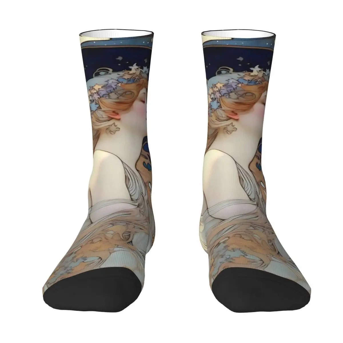 Art Nouveau Stockings Adults Men Alphonse Mucha Inspired Moon and Stars Socks Breathable Socks Autumn Skateboard Non Slip Socks