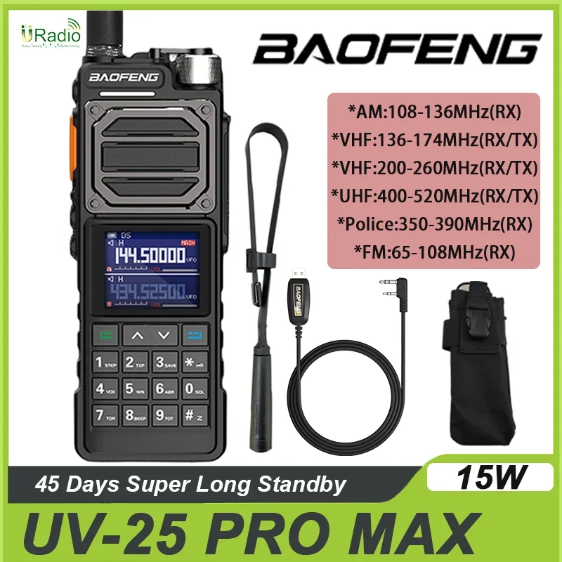 BAOFENG-UV-25 Pro Max Tactical Walkie Talkie, Alta Potência, Carregador USB C, Rádios em dois sentidos, 6 Bandas, 50km, 136-520MHz, 999CH, BF-X5 Pro