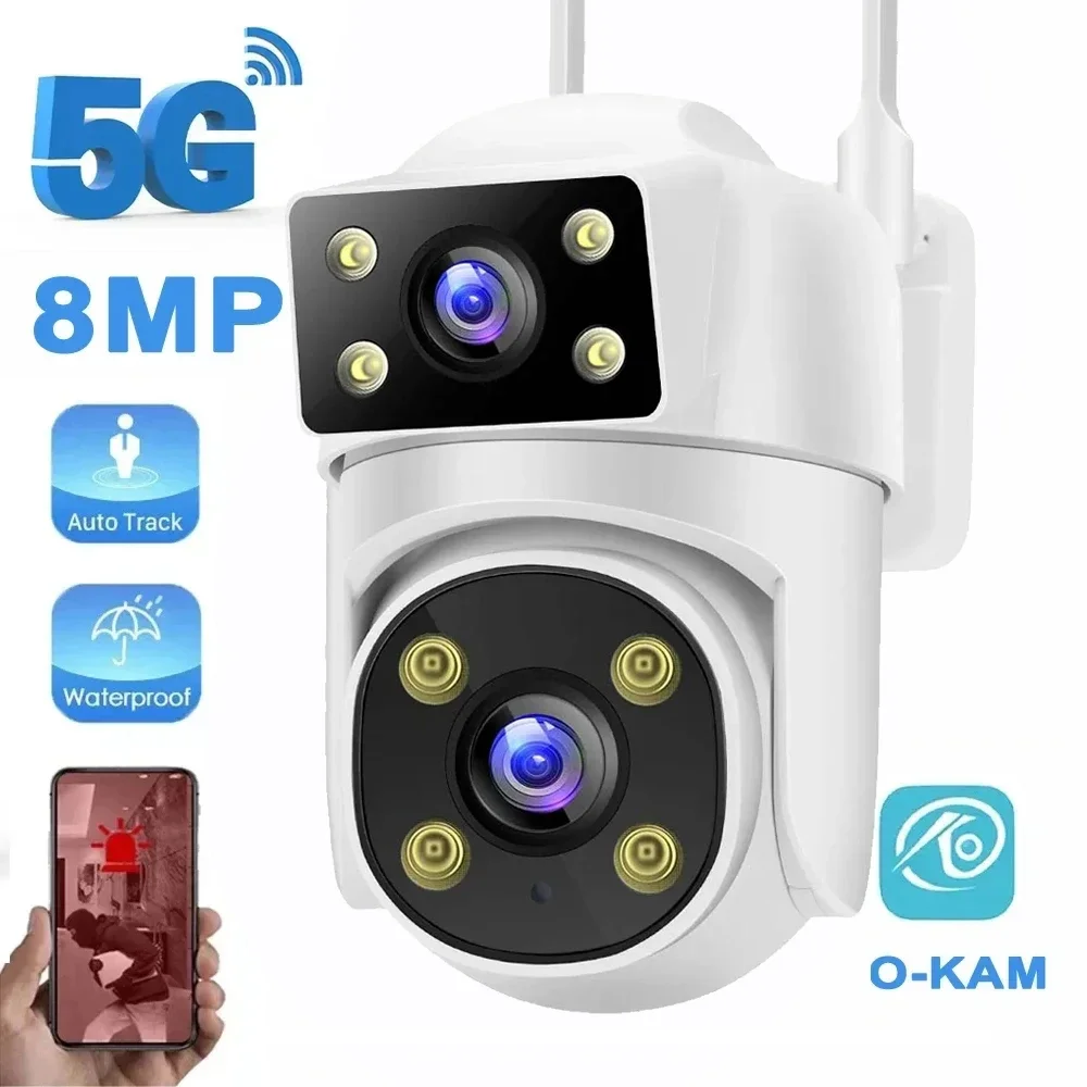 4K 8MP OKAM 5G 2.4G Podwójny obiektyw Wifi Kamera bezpieczeństwa 4MP Podwójne ekrany Kolorowy noktowizor Dwukierunkowa zewnętrzna kamera