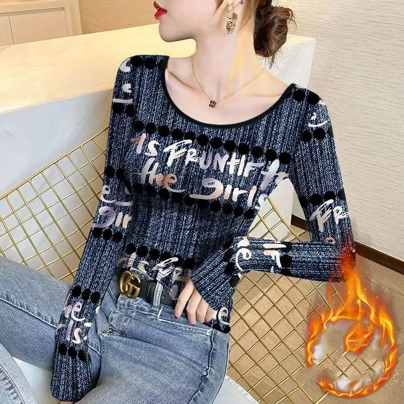 Women's Thick Warm Half High Neck Bottom Autumn and Winter New Fashion Slim Printed Long Sleeve All Match Pullover T-shirt Tops