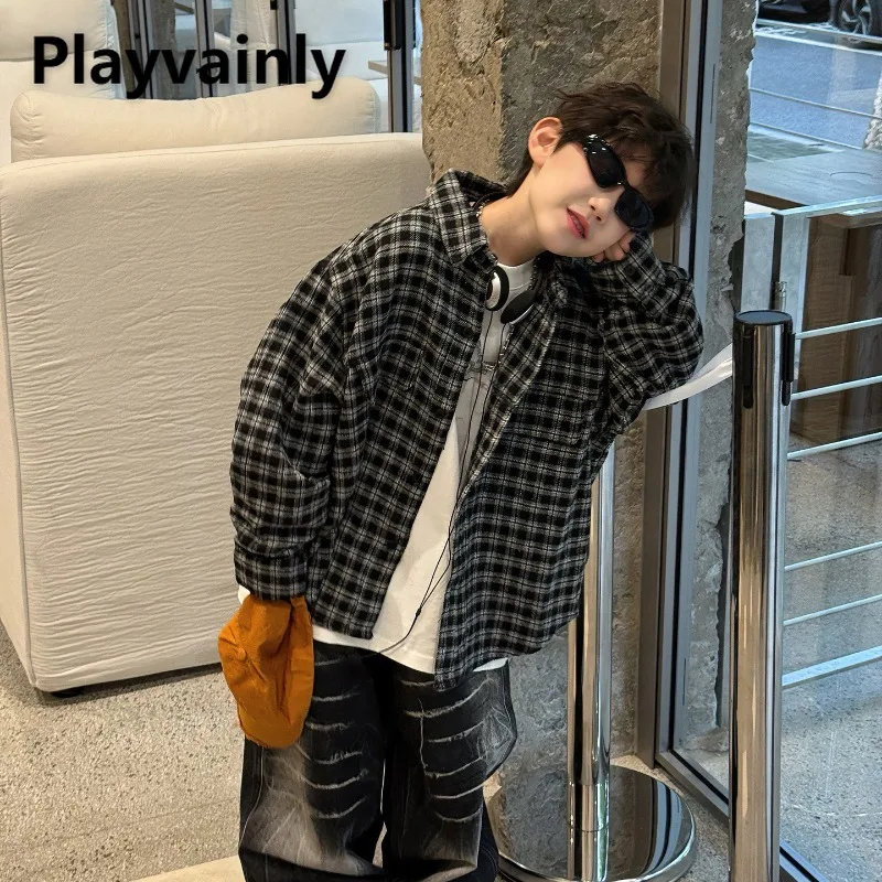 

2025 New Children Casual Comfortable Black Plaid Shirts Turn-down Collar Long Sleeve Blouses Tops Boys Fashion Overshirt A5071