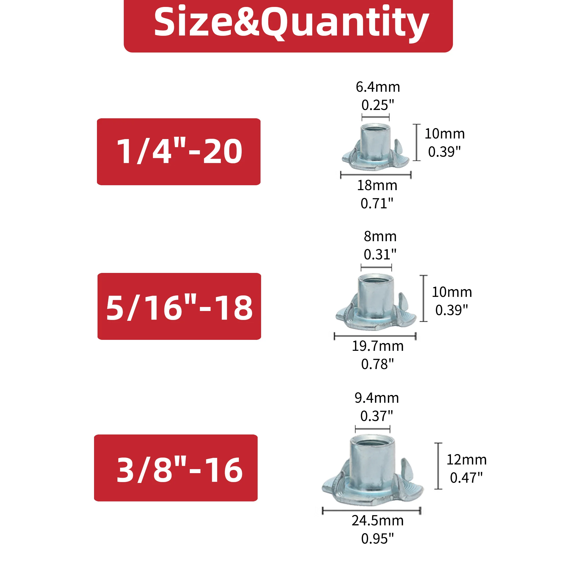 Four-pronged Nut Pronged Tee Nut Assortment 1/4