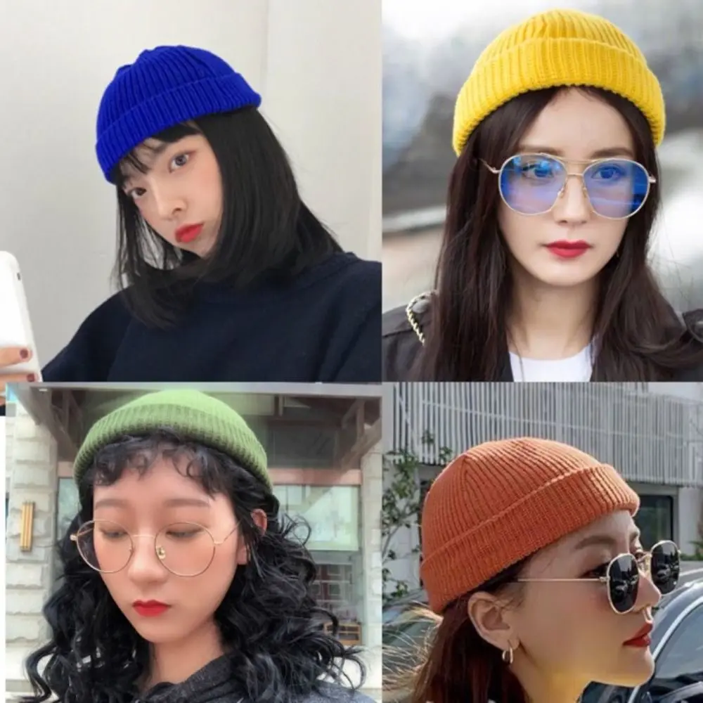 Gorros de punto de estilo coreano de moda, gorro corto con bridas, gorro de melón cálido para otoño e invierno
