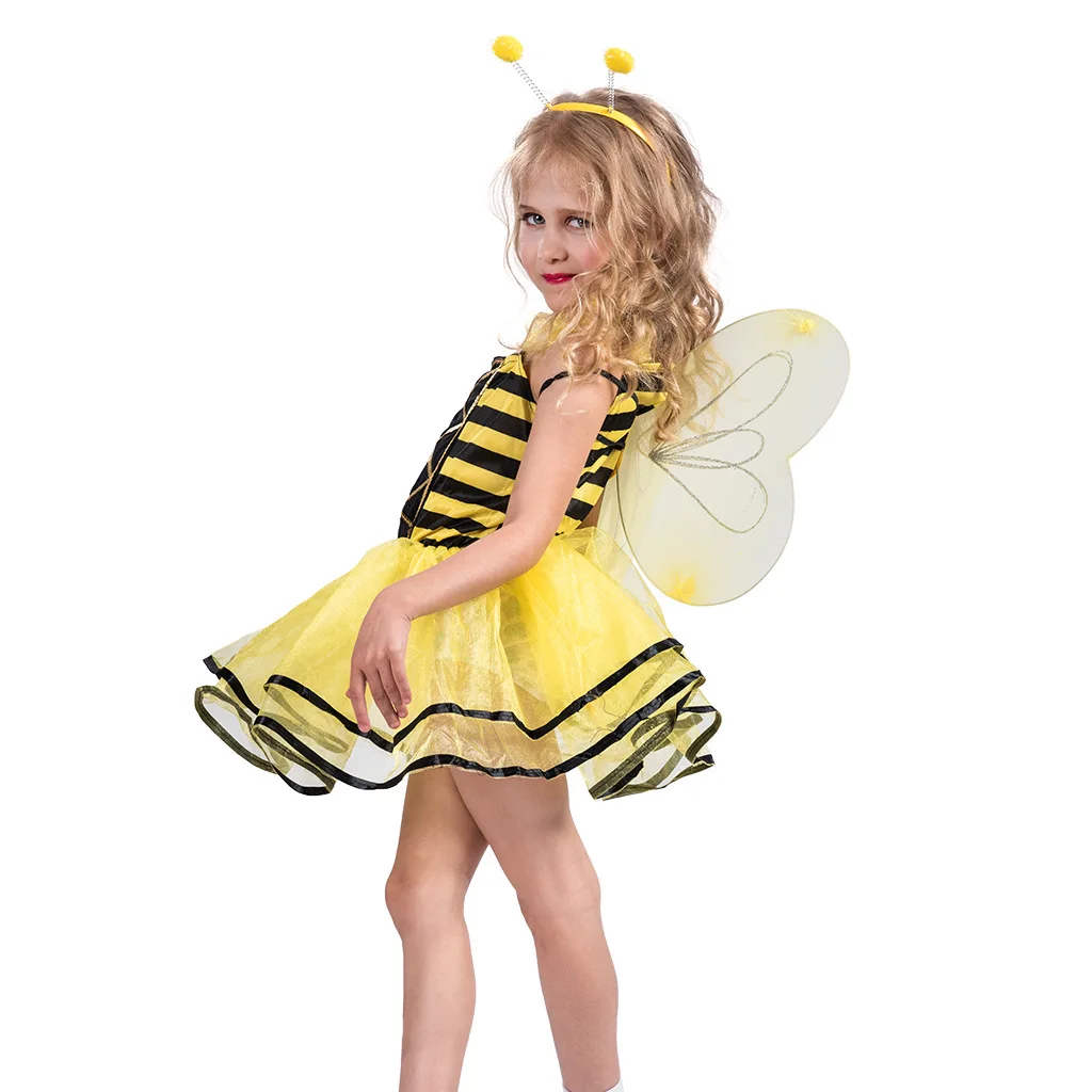 Girls Bumble Bee Costume Kids Bee Fairy Dress with Bee Antenna Headband and Bee Wings for Halloween, Party Dress Up Set