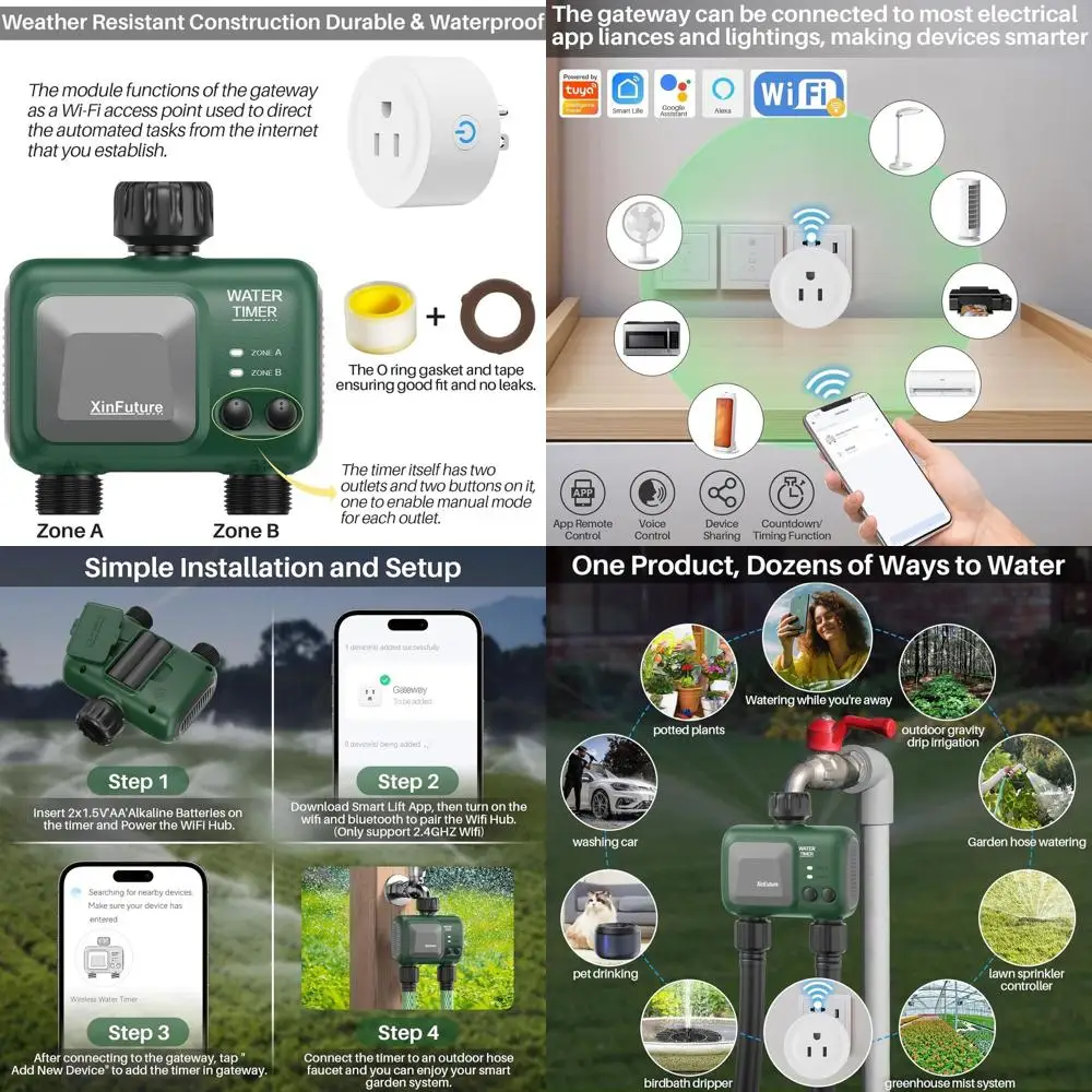 

Dual-Zone WiFi Sprinkler Timer with Rain Delay, App & Voice Control for Outdoor Yards and Lawns