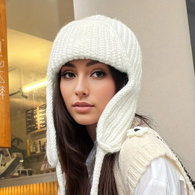 Solid color warm ear protection knitted hat for children in autumn and winter with tied wool hat, fashionable thickened hat