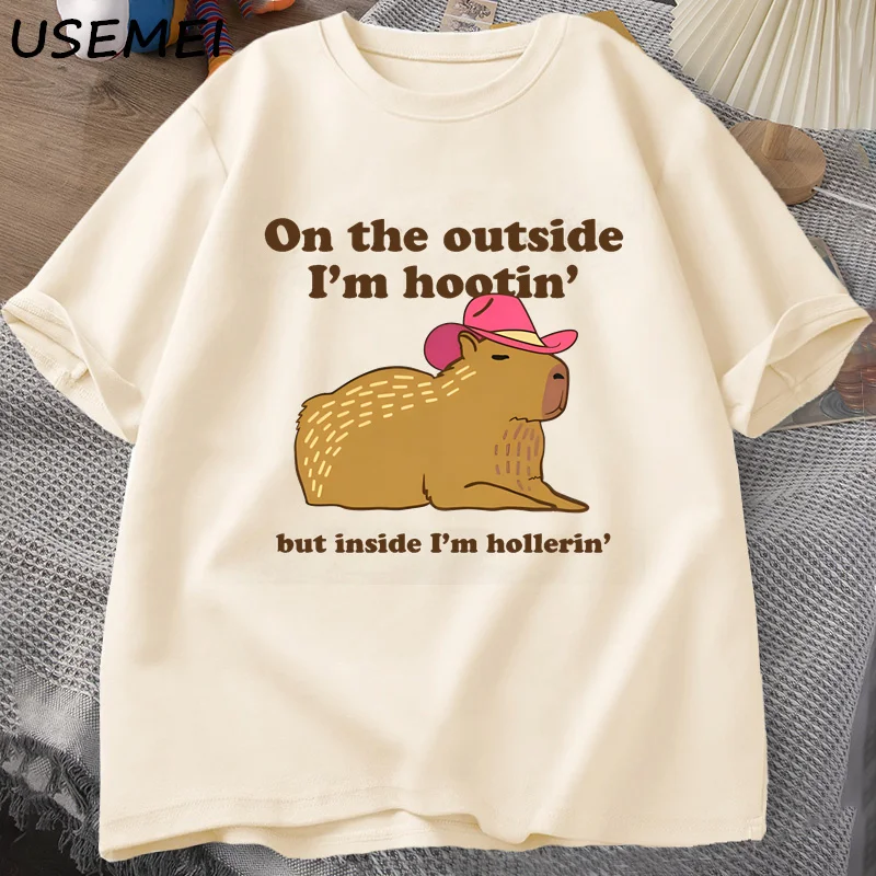 On The Outside I'm Hootin Capybara Tshirts Man Western Mental Health T-Shirt Cowboy Cowgirl Funny Meme TShirt Weirdcore Unisex