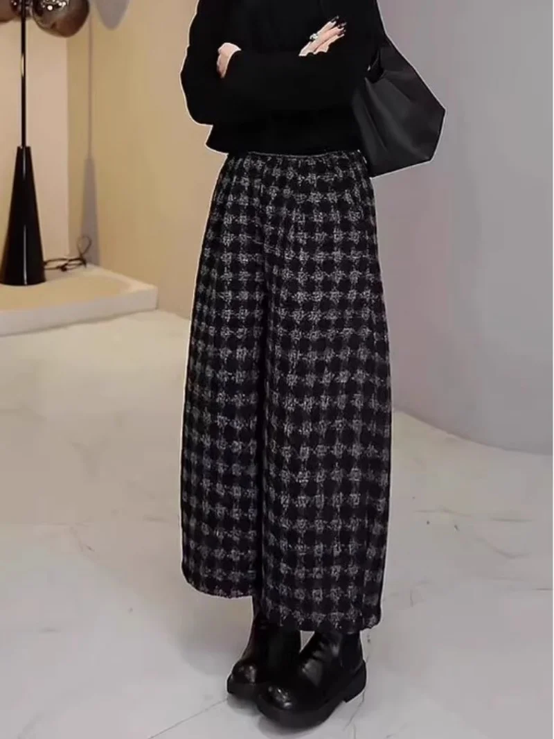 

Женские брюки в клетку, осень/зима, новая коллекция: утолщенный бархат, высокая талия, стильные прямые широкие брюки с девятью точками w1420