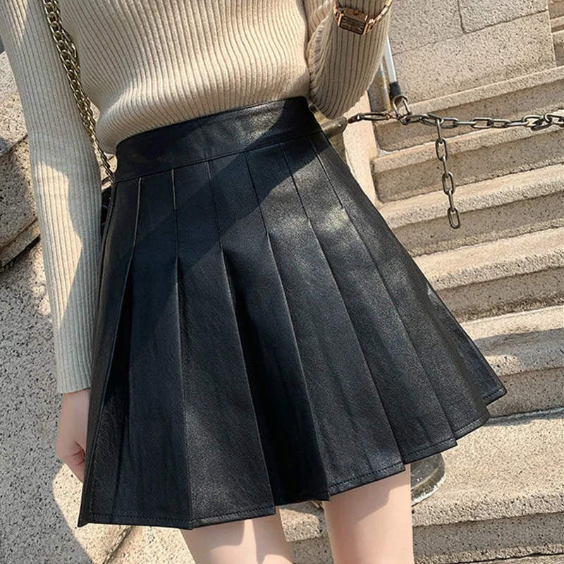 

Sexy Women Faux Leather A Line Pleated Black Office Short Skirt Fall Winter Stylish Trendy High Waist Workwear Nightclub Party