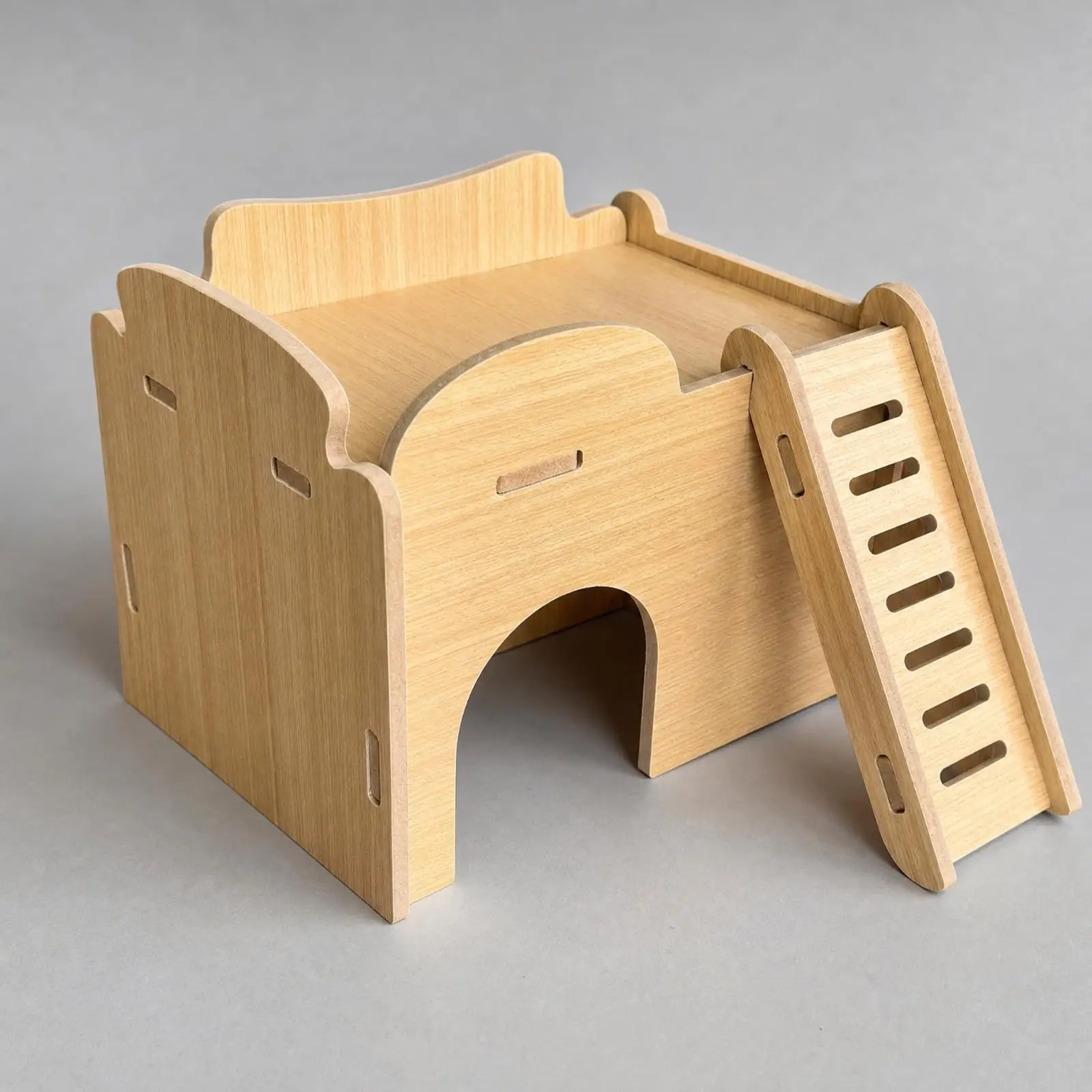 Wooden Hamster Shelter with Upper Level and Access Opening for Hiding Climbing and Resting in Spacious Enclosure