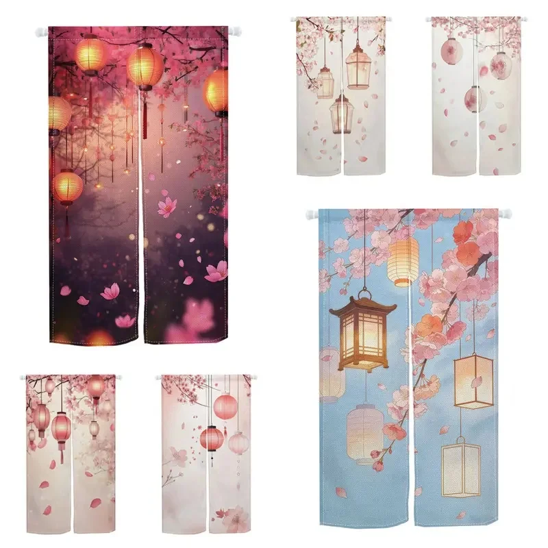 VIKAMA Cherry Blossom Lantern Noren Door Curtain, Romantic Pink Sakura Floating Petals Fabric Room Divider for Home Decor