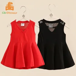 Summer 2 3 4 5 6 8 10 Years Children's Party Prom V-Neck Cute Red Black Sundress Tank Lace Back Kids Baby Girls Dress