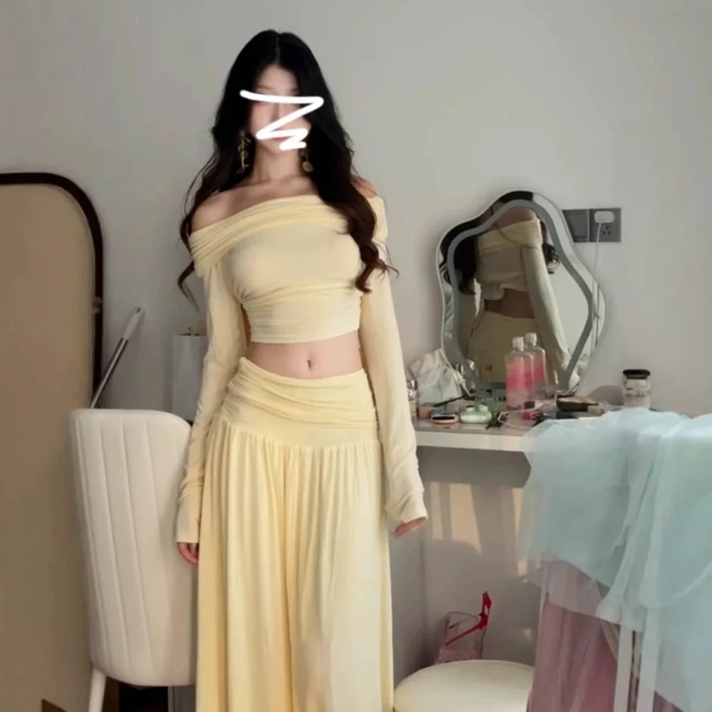 Sexy One-Shoulder Two-Piece Set Spring Fashion Half-Skirt Ensemble Oversize Japanese Style Long Sleeve Cotton Embroidered Top