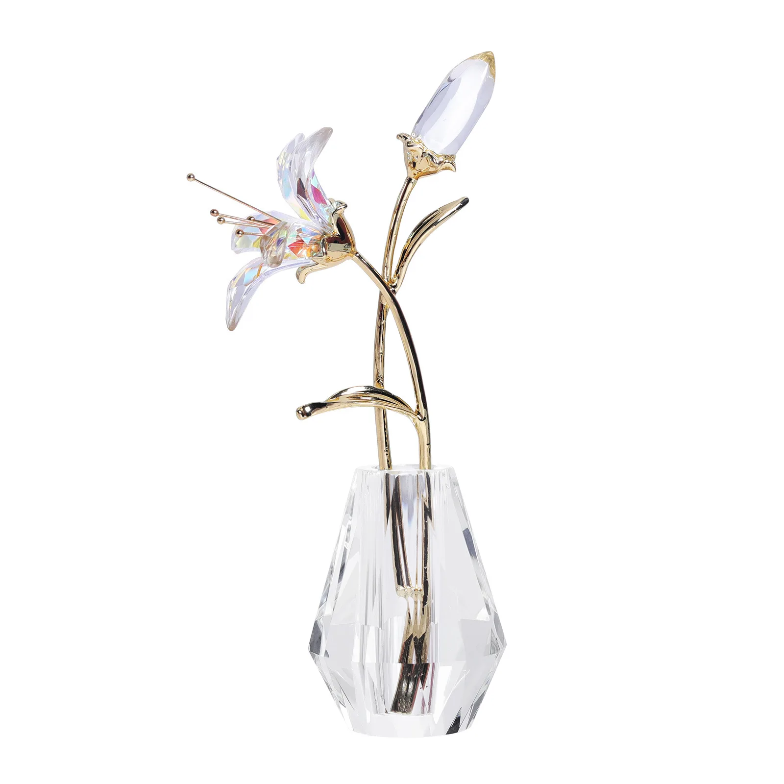 Crystal Lily Flowers with Crystal Vase Metal Stem Flower Collectible Gifts for Women Glass Artificial Floral Figurines for Home