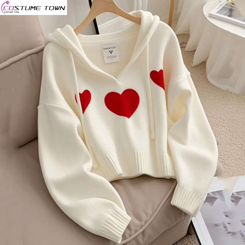 

Autumn and winter Korean version new white heart-shaped hooded commuting knitted sweater trend