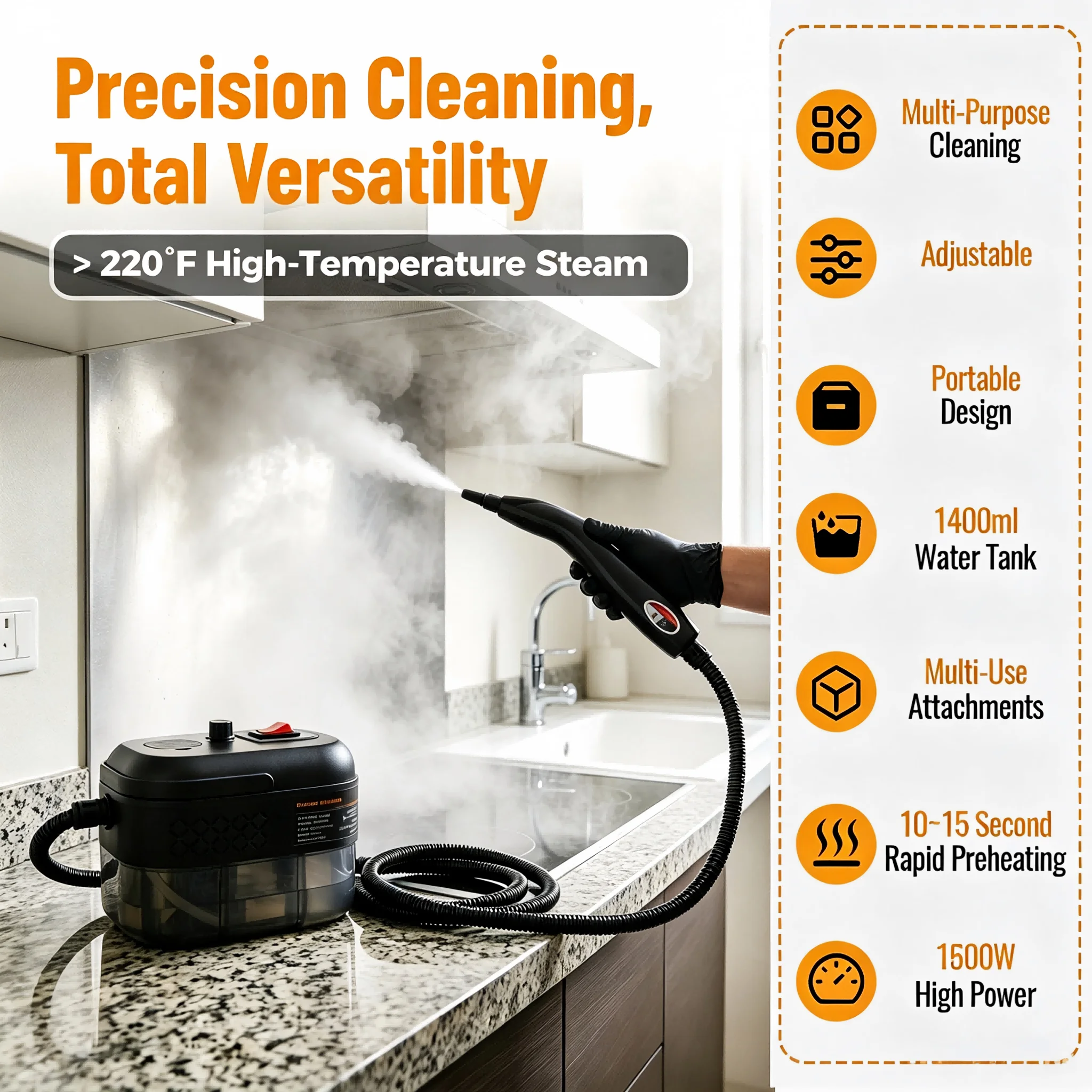 Steam Cleaner,1.4L Tank,15s Quick Heat‑Up,14‑in‑1 Attachments for Multi‑Scene Home & Car Deep Cleaning
