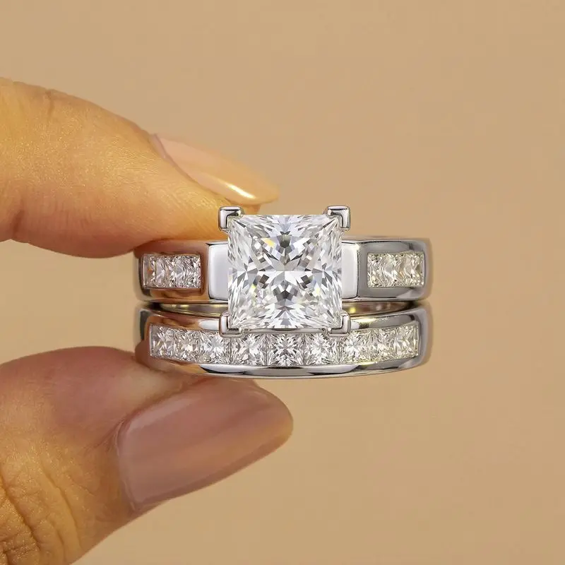 

Trendy Shining Square Cubic Zircon Ring Sets for Women Silver Colour High Quality Female Accessories Wedding Party Jewelry