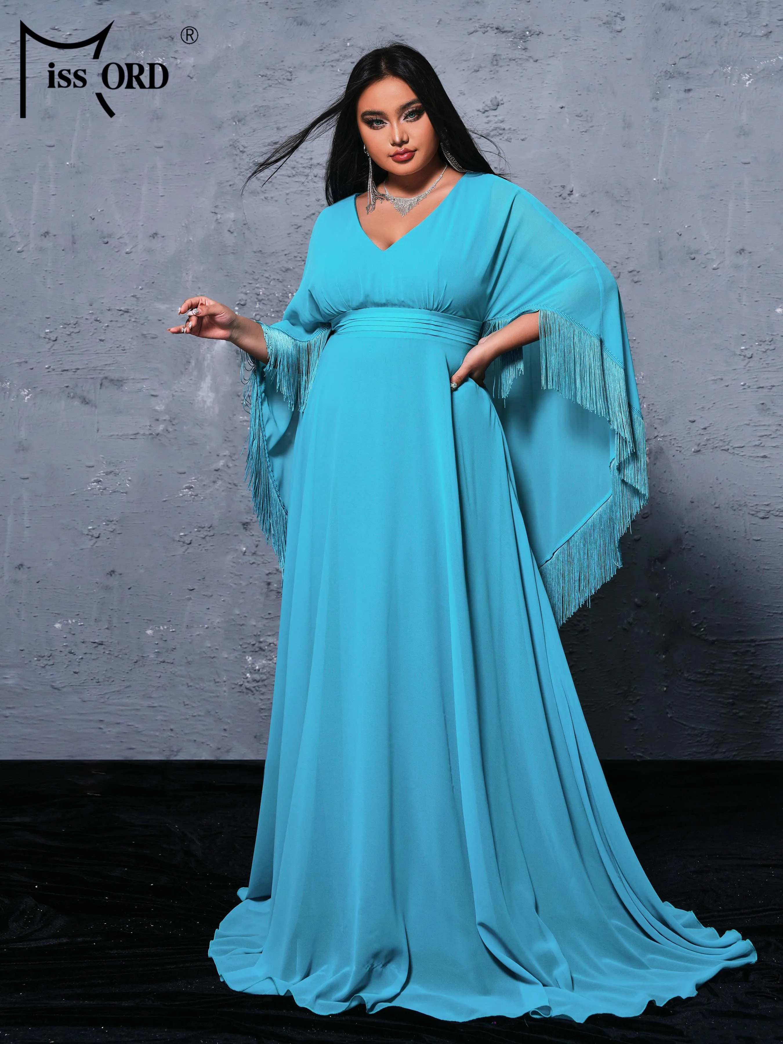 Missord Plus Size Prom Dress V Neck Bat Sleeve A Line Evening Green Floor Length Church Dress