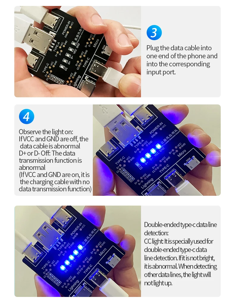 DT3 Data Cable Detection Board USB Cable Tester Short Circuit On-Off Switching Test Board Tool for iOS Android Type-C Test Board