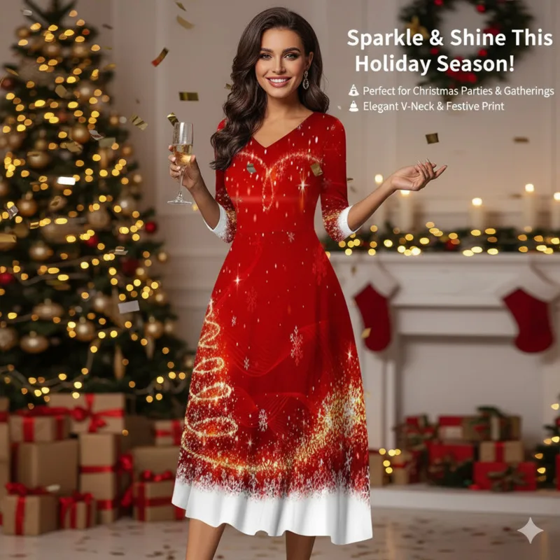 

Mini Dresses Christmas Women V-Neck Long Sleeve Swing Dress Holiday Eur Festive Print Outfit Xmas Party Wear A-line Dresses New