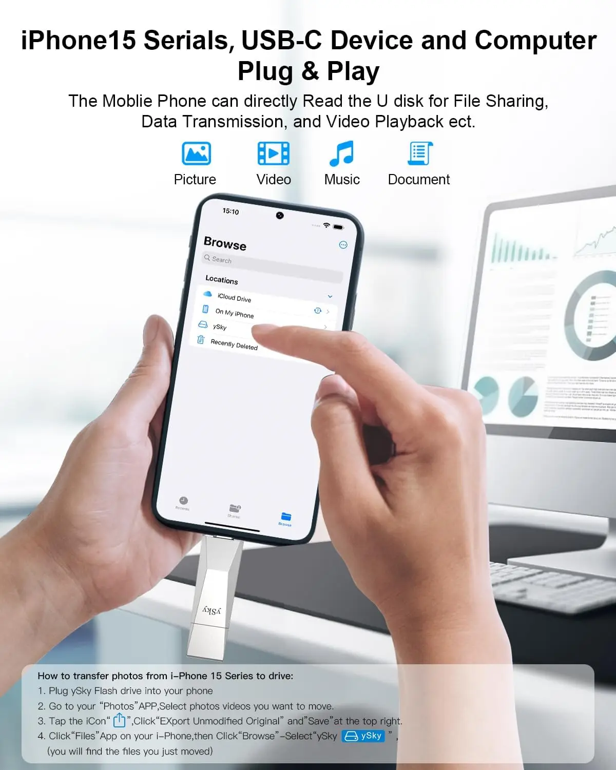 1TB USB 3.2 SSD Flash Drive 500MB/s USB C + USB A 2in1 for iPad/Android/Laptop/Mac with Keychain Case