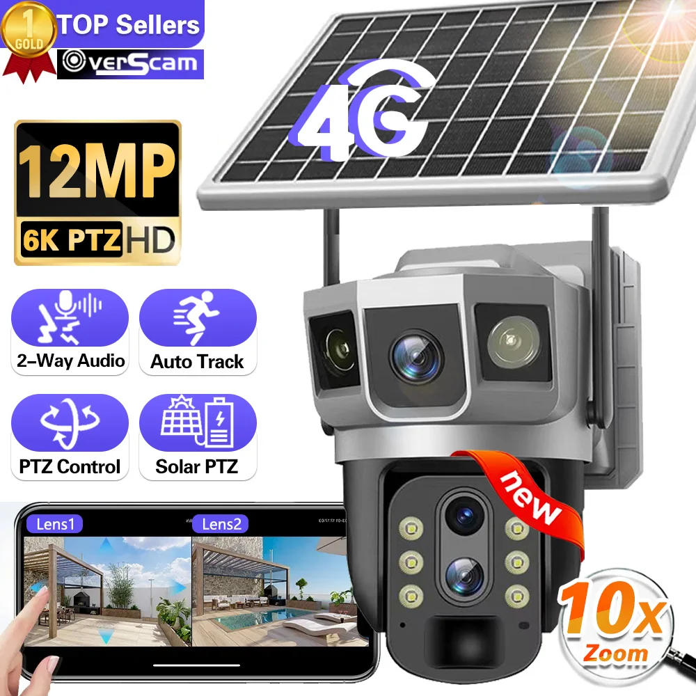 

6K 12MP 4G SIM Card Solar 10X Zoom Camera Wireless Outdoor Waterproof PTZ Solar Camera Built in Battery CCTV Security V380Pro