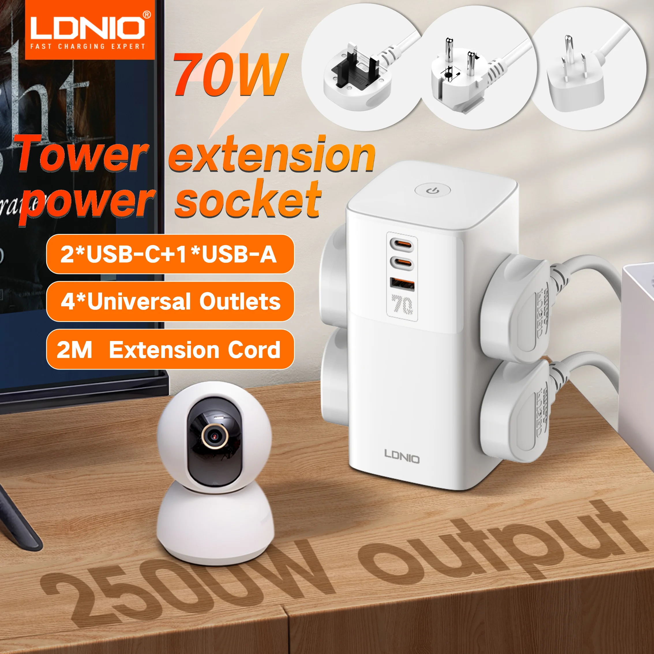 

LDNIO Tower Power Strip Multi Outlets with 70W Type C 2M Extension Cable EU UK US Plug Vertical Electric Socket Surge Protection