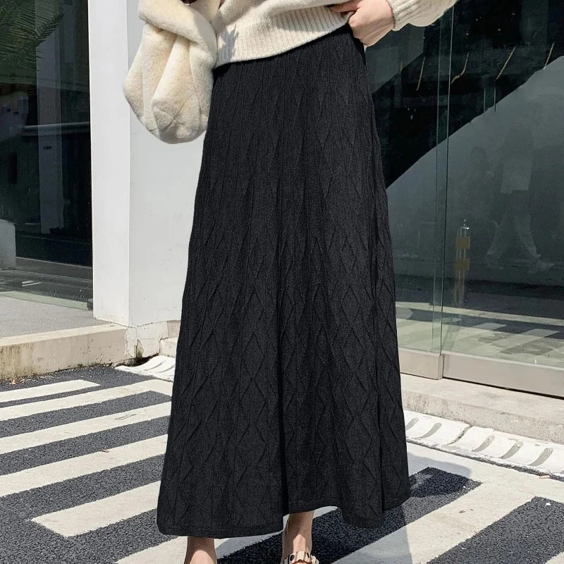 Nueva Falda larga coreana De cintura alta para Mujer, Faldas De Mujer De Moda Vintage, corte en A, Jupe tejido Saia, Faldas tipo túnica De Color sólido