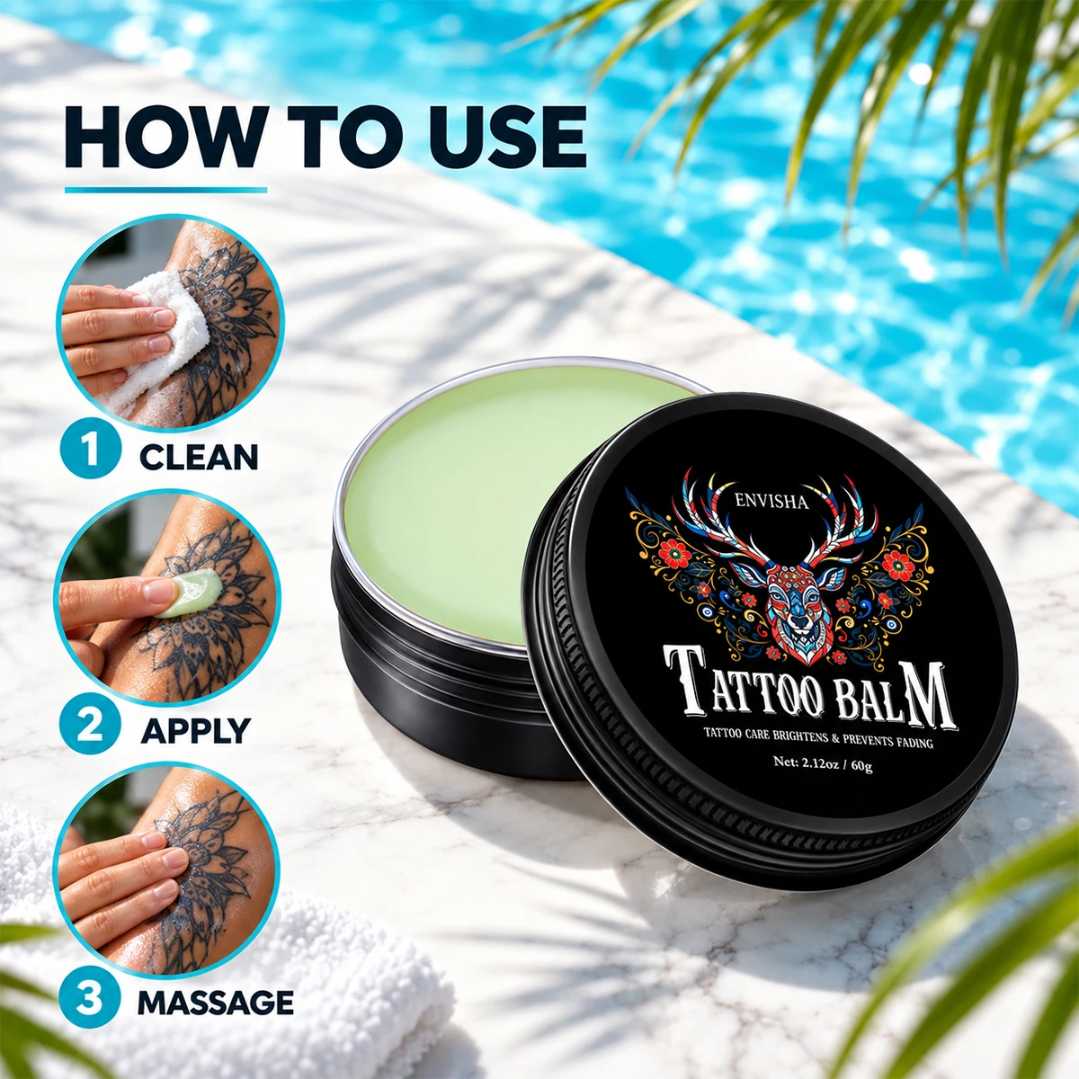 Tattoo-Hautpflege-Balsam-Creme, tiefenwirksam feuchtigkeitsspendend und nährend, für die Anwendung nach dem Tätowieren, hellt auf, sorgt für eine langanhaltende Farbfixierung, reizt nicht. – Detail 10