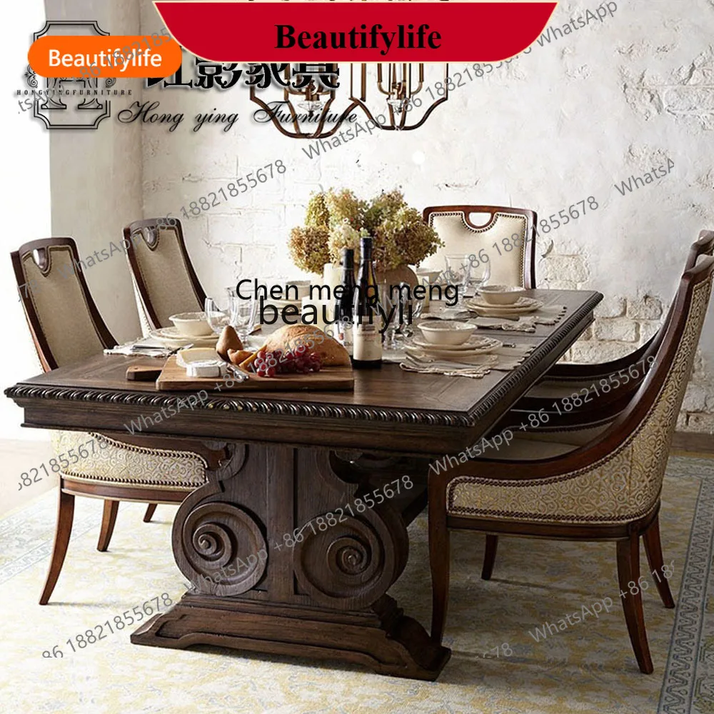 z183  American solid wood carving flower dining table dining chair combination, conference table, retro furniture customization