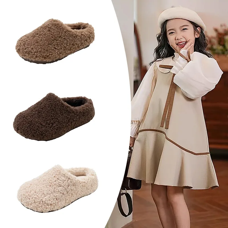 

Children Home Slippers Girls Fluffy Winter Warm Shoes Thick Sole Anti-slip Kids Cotton Shoes Slip-on Simple Solid Color Slippers