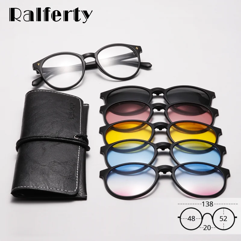 Ralferty 5 In 1 Magnetic Sunglasses Women Men Round Clips On Glasses Polarized UV400 Driving Anti-glare Sun Glasses Optic Frame