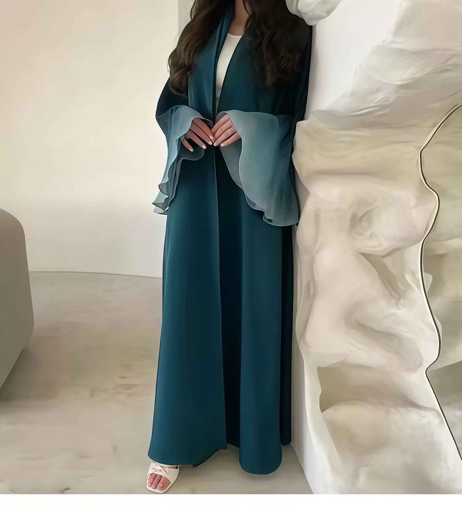 Faltbare Damen-Plissee-Abaya mit Schal – Olivgrüne Wellenmanschette, Bescheidenes Kleid-Set im Nahost-Stil, Neuheit 2025 – Modische Kleidung – Detail 11