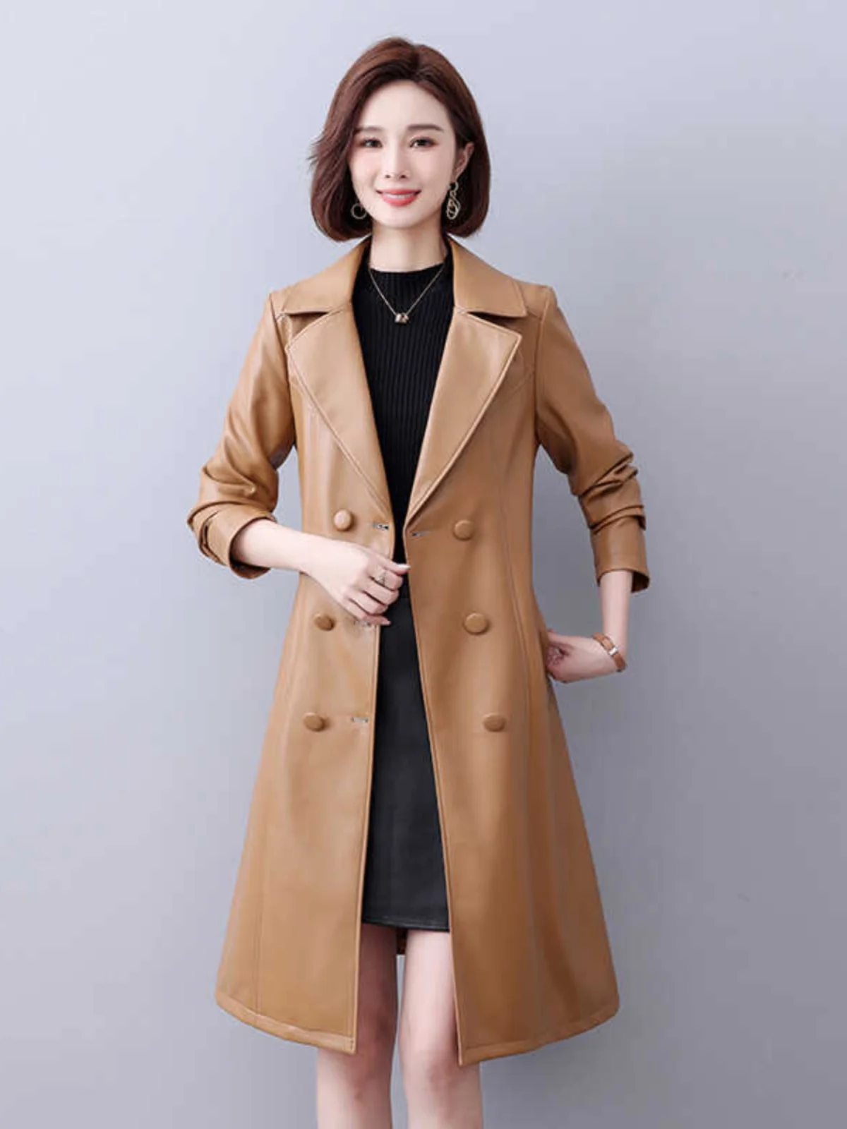 Cappotto in Pelle di Agnello Slim Fit a Lunghezza Media per Donna Primavera 2025, Giacca a Vento in Vera Pelle Heining, Maniche Lunghe, Doppiopetto