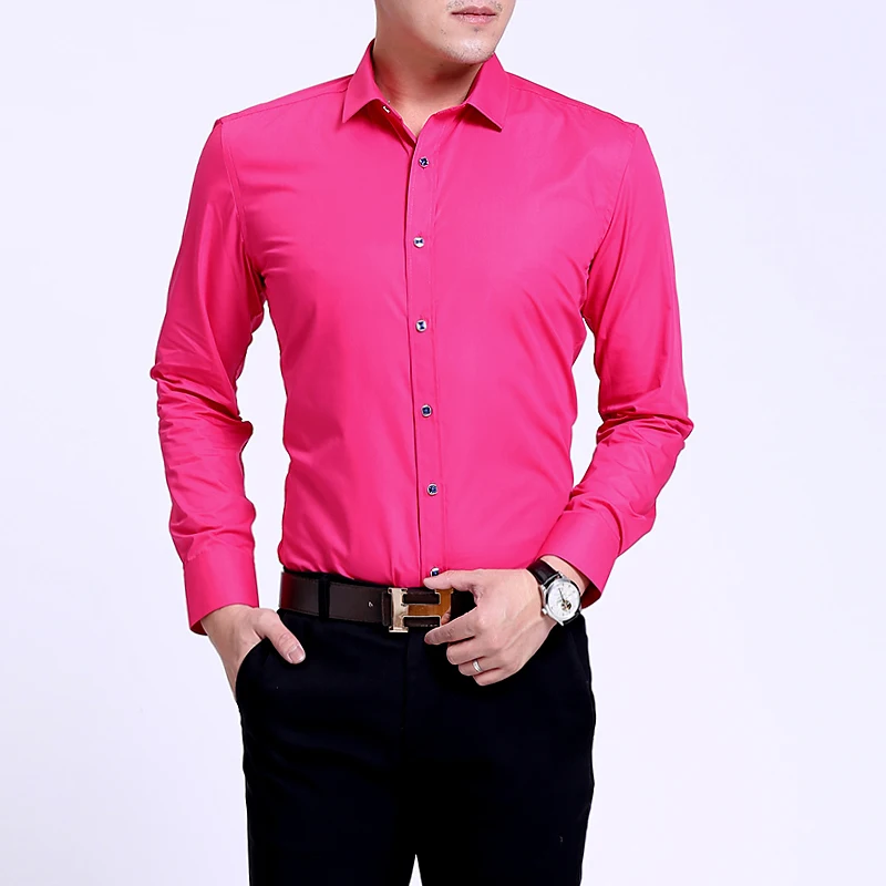 

Spring Autumn Men's Long Sve irt Pure Color Diamond Button Rose Red Slim Fit Korean Faion om irt Youth Trend Poly...