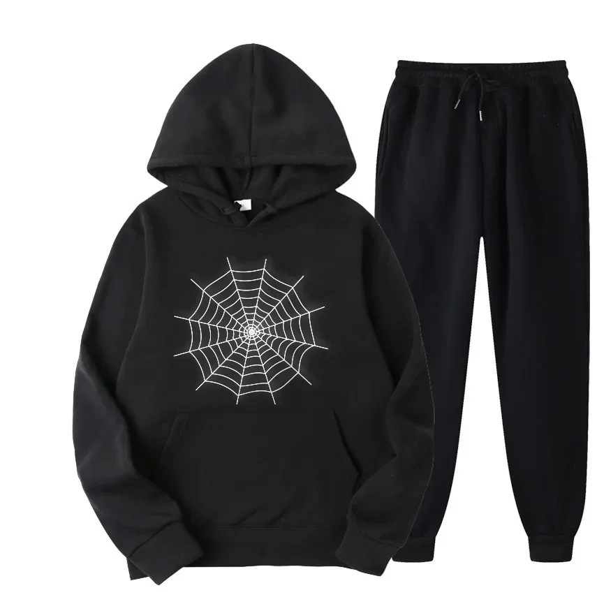 

2025 Spider web graffiti print suits Mens Casual Hoodie Sweatshirts For Spring And Autumn Lightweight Breathable Outfit suit