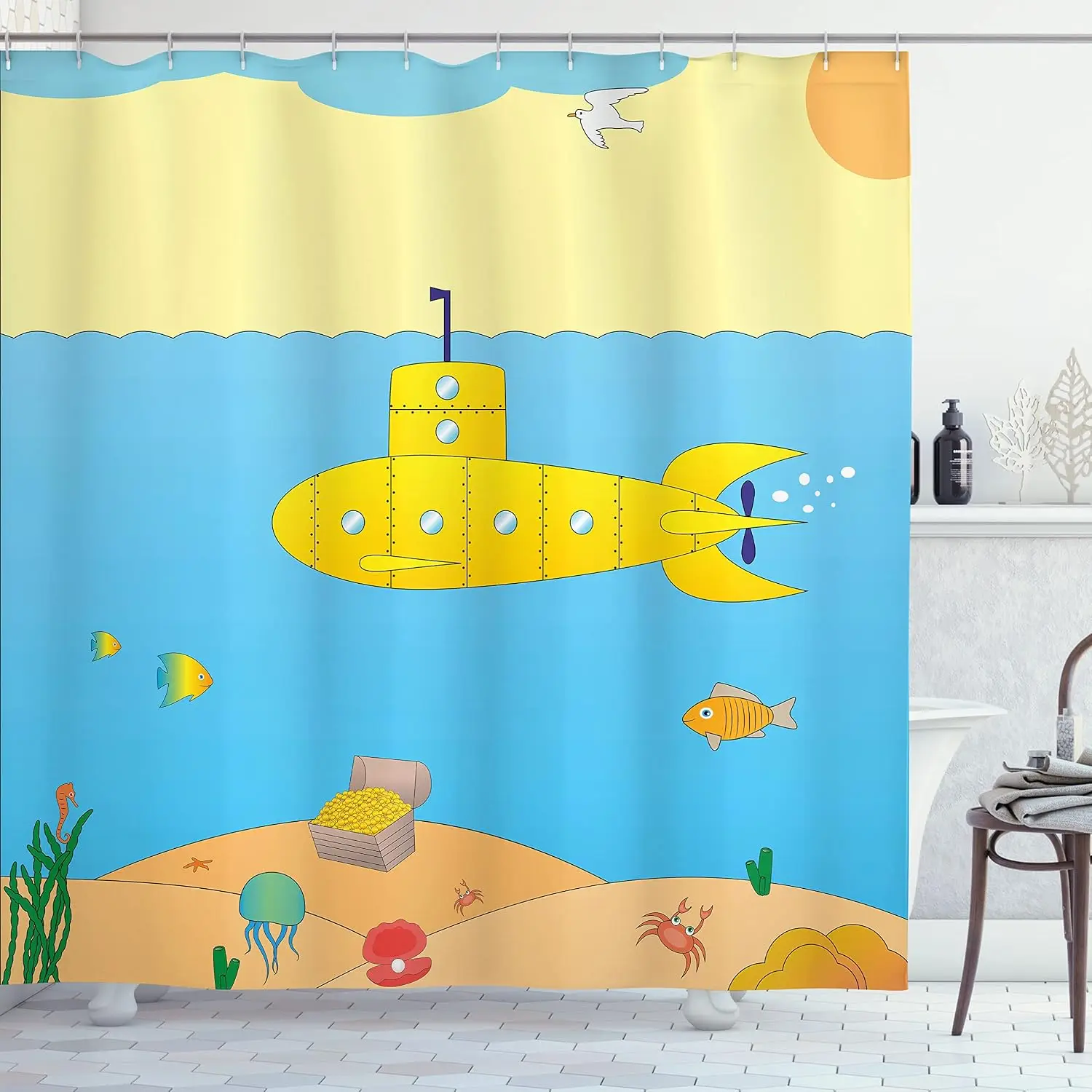 

Waterproof Submarine Ocean Shower Curtain Cartoon Theme Kids Bathroom Decor Nautical Marine Life Wall Art Prints Sea Life Shower