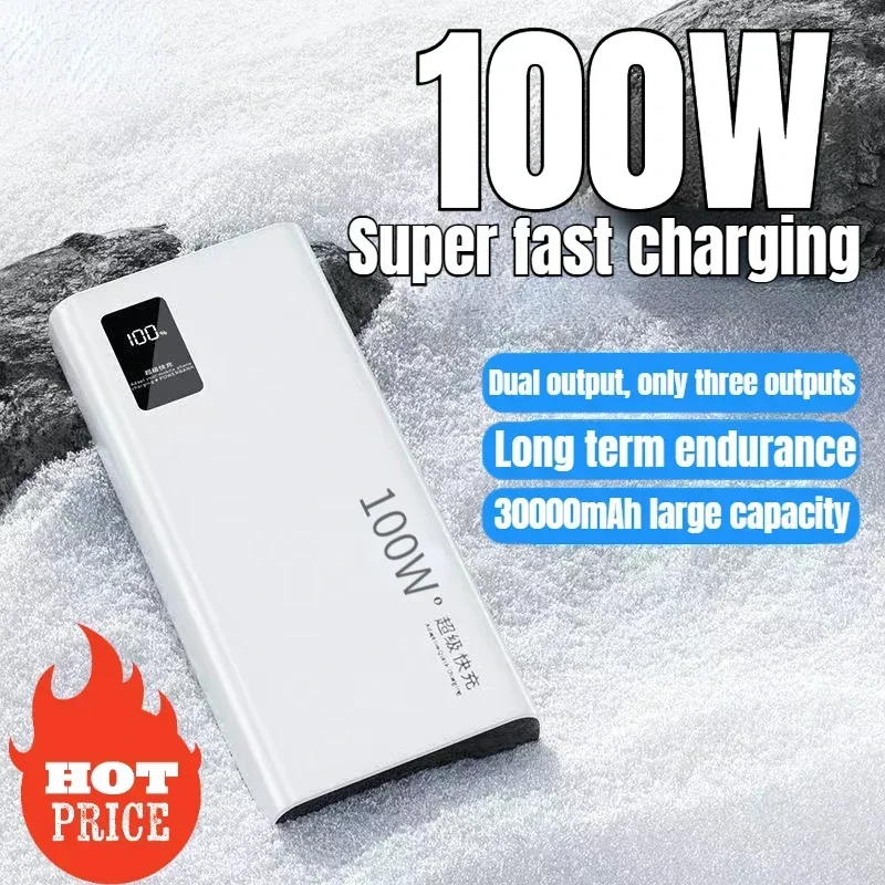 New Power Bank 30000mAh 100W Dual Port Super Fast Charging Portable EXternal Battery Charger For iPhone Xiaomi Huawei Samsung