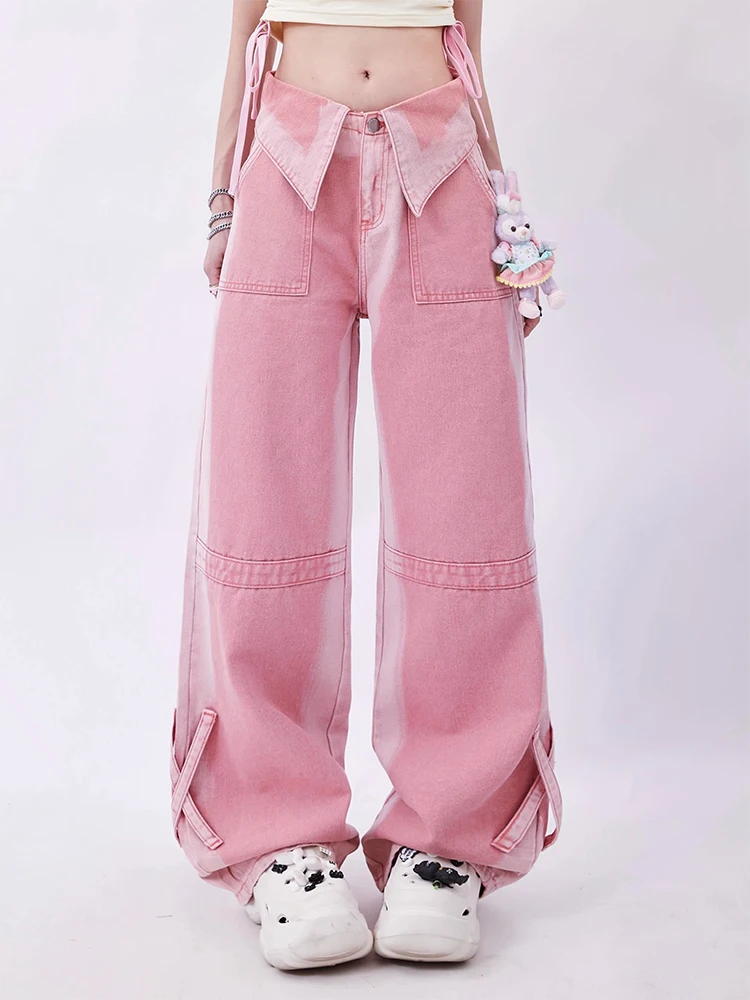 

Women's High Waist Jeans Vintage Korean Fashion Y2k Streetwear Cowboy Pants Harajuku Wide Leg Pink Denim Trousers