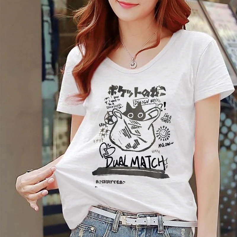 

Harajuku Cartoon Couple Print Short-sleeved Women T-Shirts with Style Couple Loose Streetwear Y2k Clothes Tops