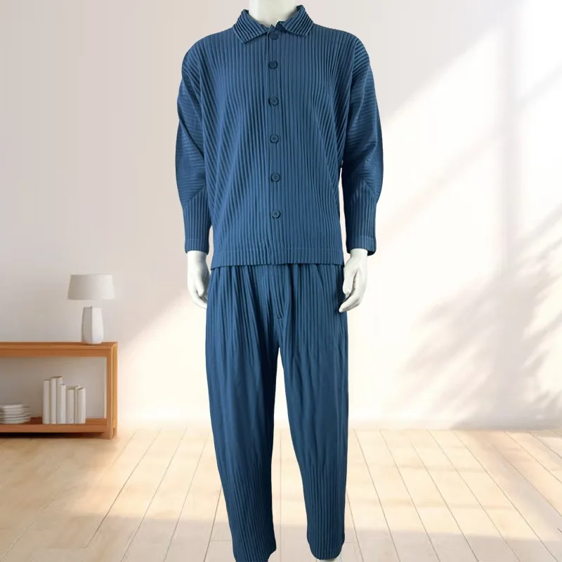

Miyake Pleated Long Sleeve Mens Shirt Jacket Simple Lapel Top Coat Jacket Stretch Straight Nine Pants Casual Harlequin Pants Set