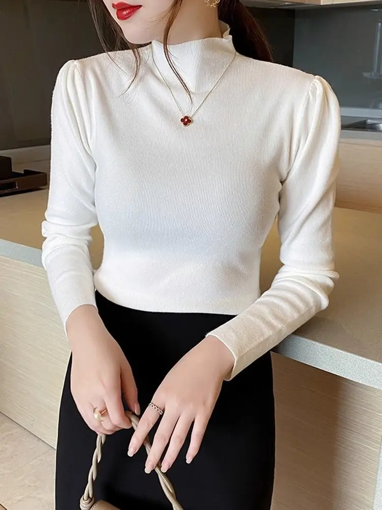 Half High Neck Knitted Base Sweater with Bubble Sleeves Stylish Sweater for Women Slim Fit Solid Color and Western-style Top