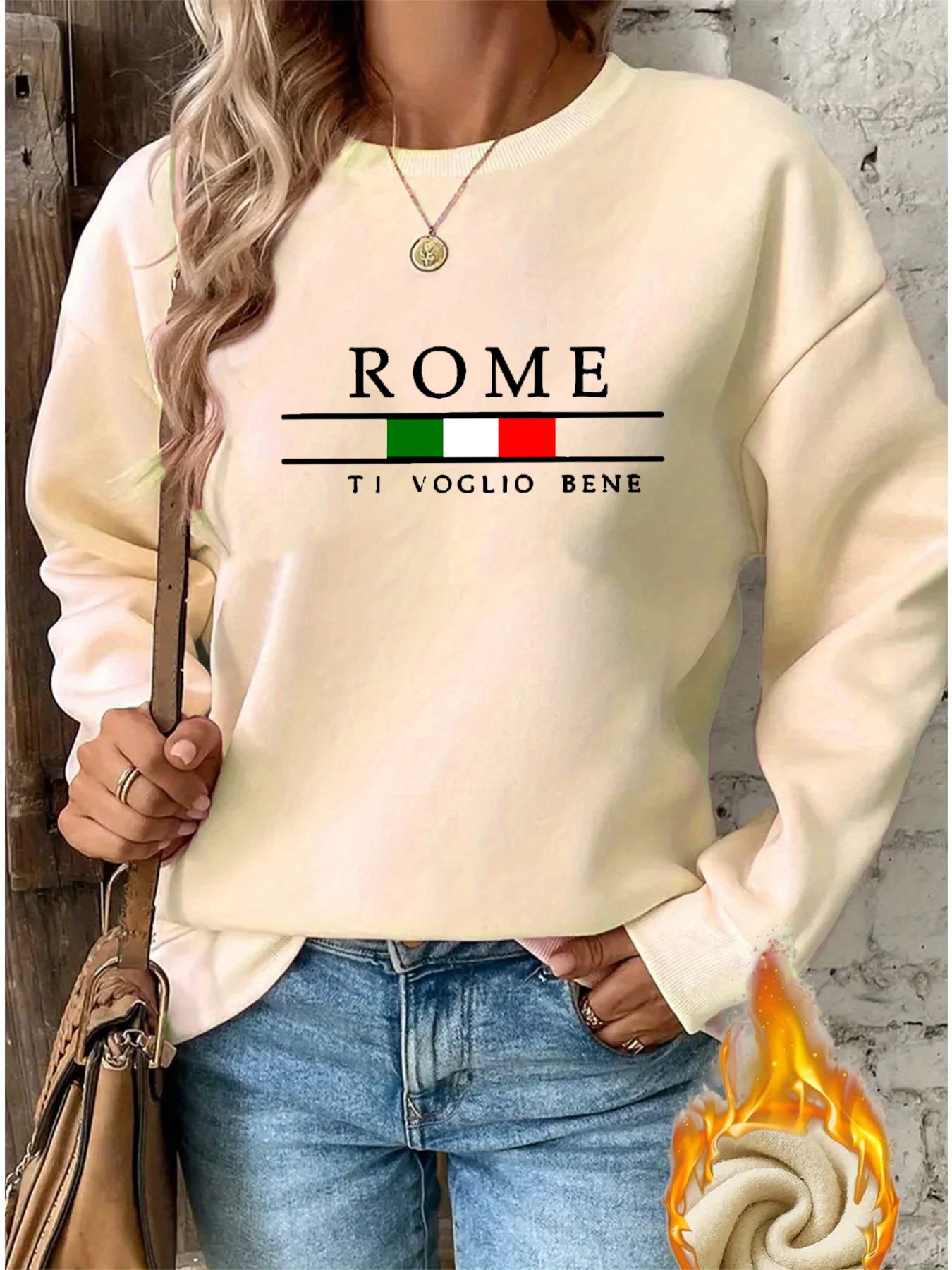 Women's autumn and winter casual fashion loose comfortable warm ROME pattern printed round neck long sleeved pullover