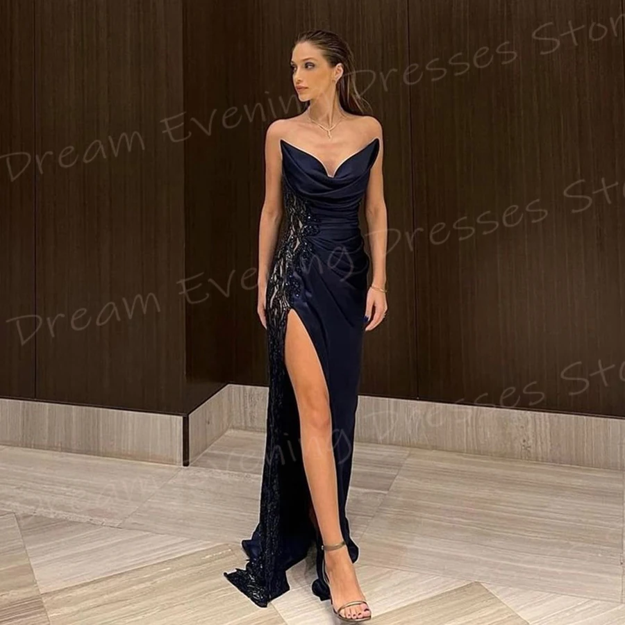 Popular Pretty Mermaid Elegant Women's Evening Dresses Strapless Sleeveless Prom Gowns Lace Appliques Pleated فساتين سعيد شارون