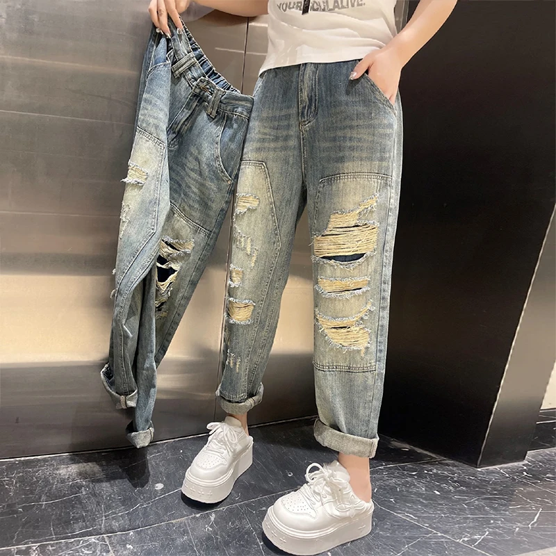 

Large size distressed straight leg jeans for women's summer thin high waisted Harlan pants, loose and slimming 9-inch dad pants