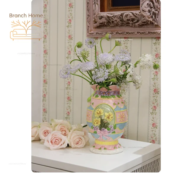 Retro Cute Macaron Flower Relief Orchid Rose Ceramic Vase Flower Container Gift