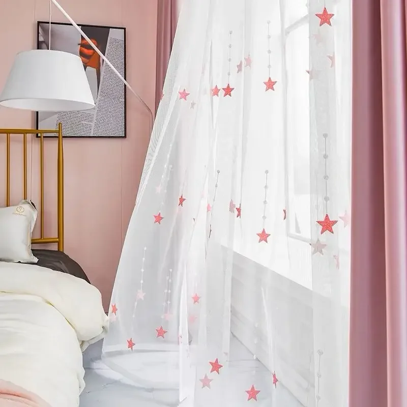 1 pçs, rosa bordado estrela sheer cortinas para o quarto das crianças, tratamento da janela malha tule cortinas sala de estar decoração