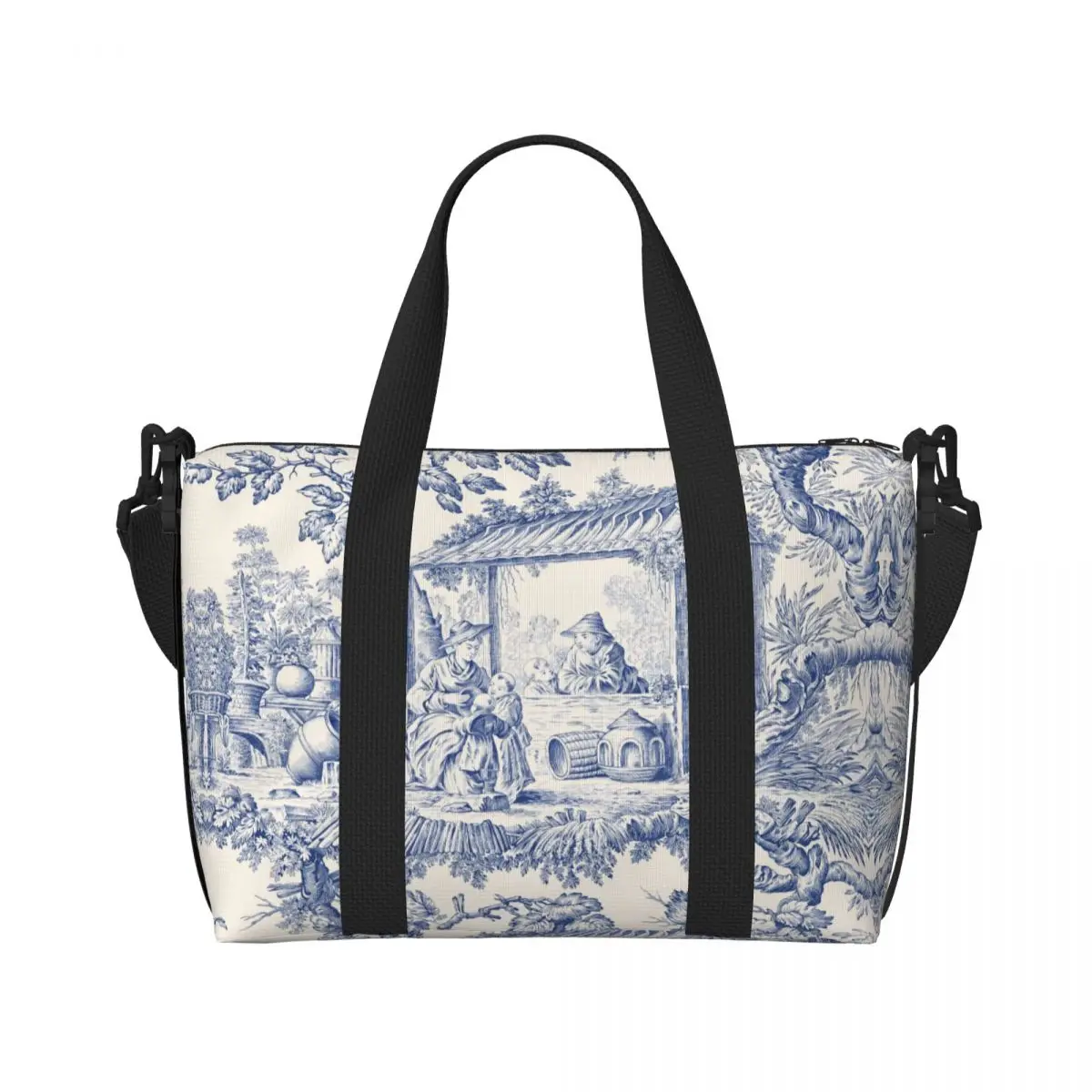 Custom Large Vintage Classic French Toile De Jouy Navy Blue Motif Pattern Tote Bag Women Shopper Shoulder Gym Beach Travel Bag