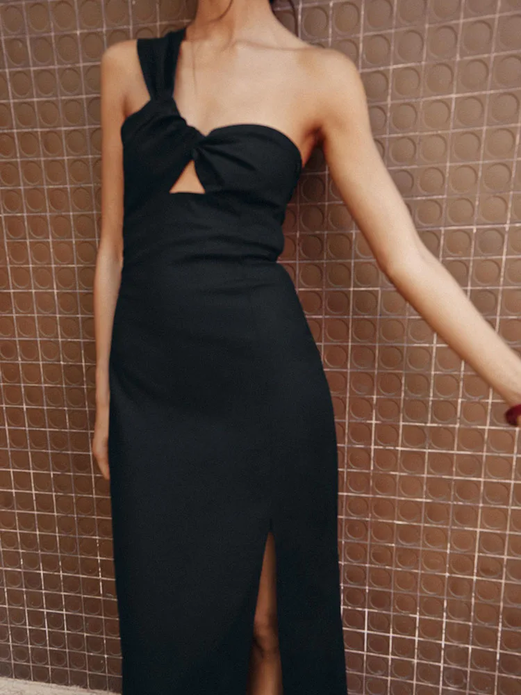 

Faionable Asymmetric Design Midi Dr Women's New Summer Gown Ele Aosphere Svel High Waist Medium Length