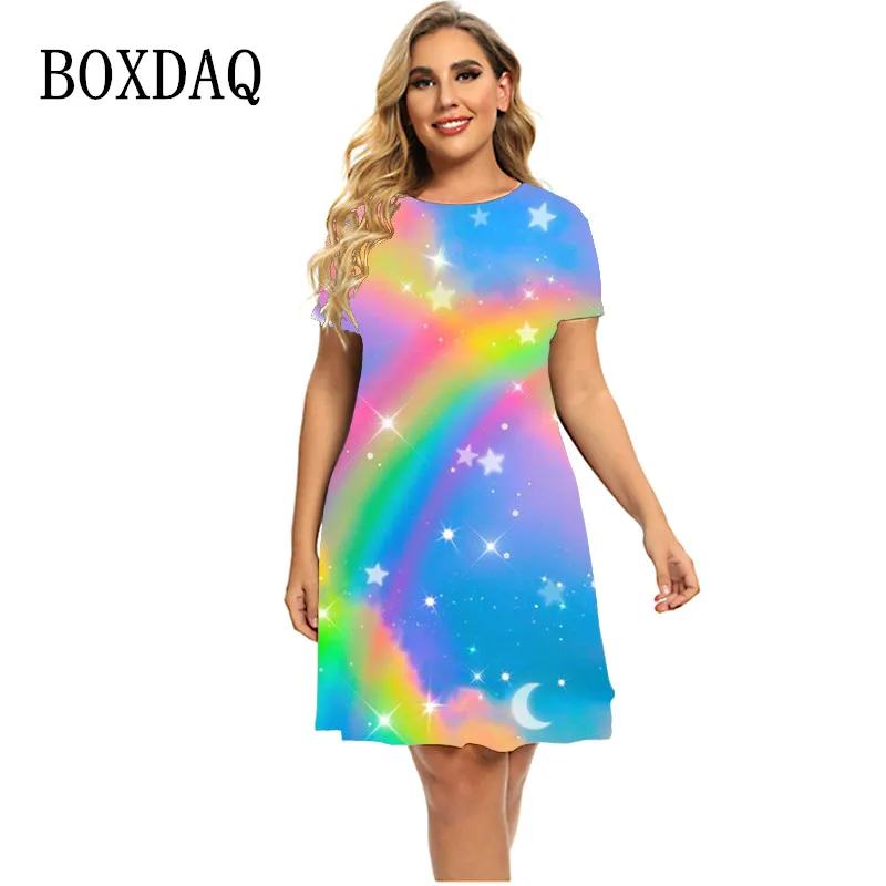 Sterren En Maan Gradiënt Regenboog Vrouwen Jurk Fashion Sweet Korte Mouw O-hals Party A-lijn Jurk 2023 Zomer Plus Size Jurken